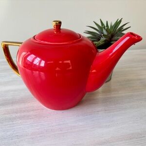 Indigo Red Ceramic Teapot with Gold Handle